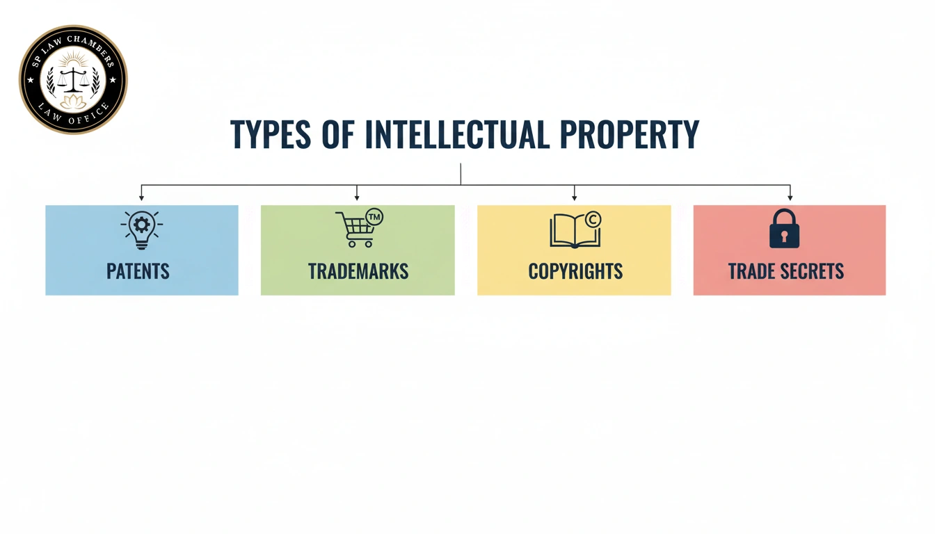 Infographic showing types of IP (Patents, Trademarks, Copyrights, Trade Secrets) with simple icons