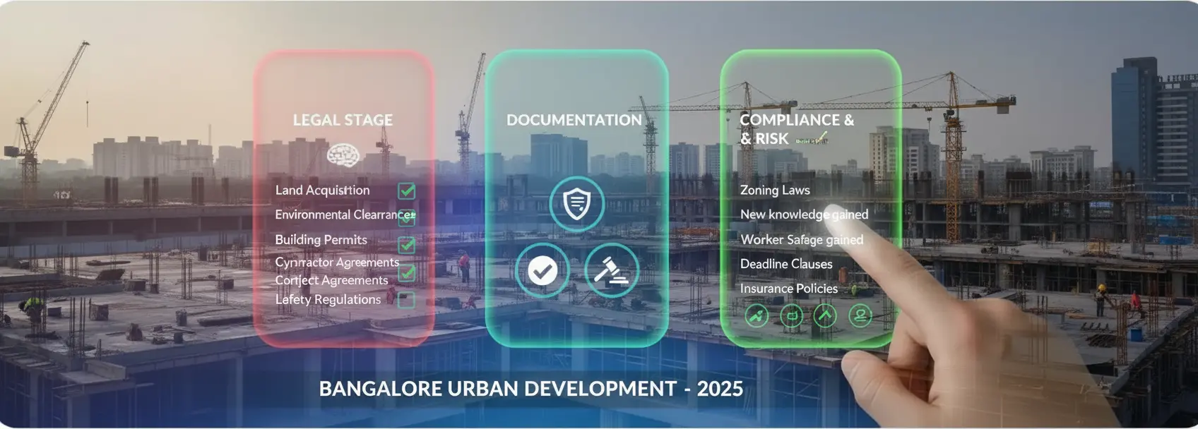 Professional photo of construction site in Bangalore (Electronic City/Whitefield skyline) with legal documents overlay, branded with "SP Law Chambers" watermark