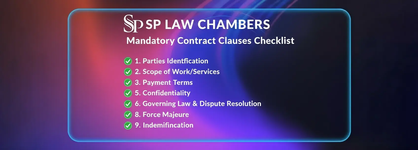 Checklist graphic with SP Law Chambers branding, showing mandatory contract clauses with tick marks